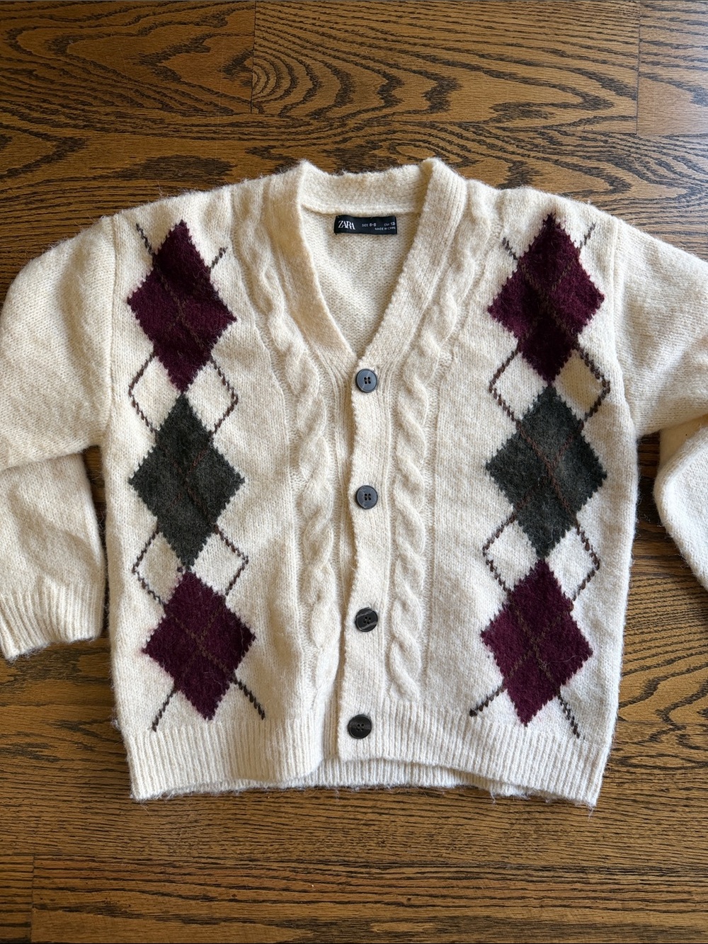 Zara Cream Cardigan with Burgundy and Dark Green Argyle